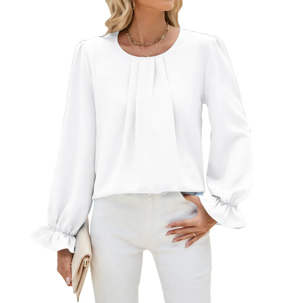 Solid Color Round Neck Loose Long Sleeve Chiffon Bottom Shirts Wholesale Womens Clothing N3824072900067