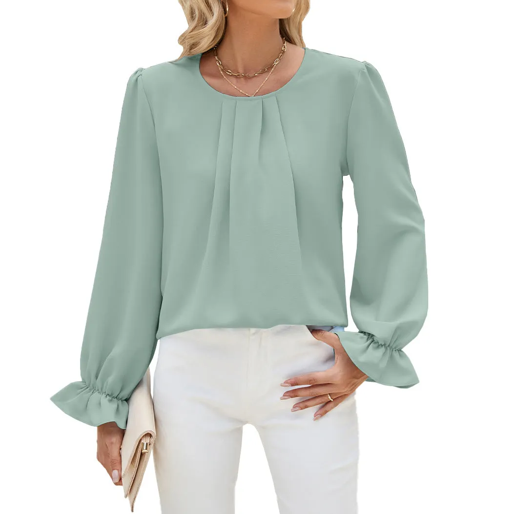 Solid Color Round Neck Loose Long Sleeve Chiffon Bottom Shirts Wholesale Womens Clothing N3824072900067