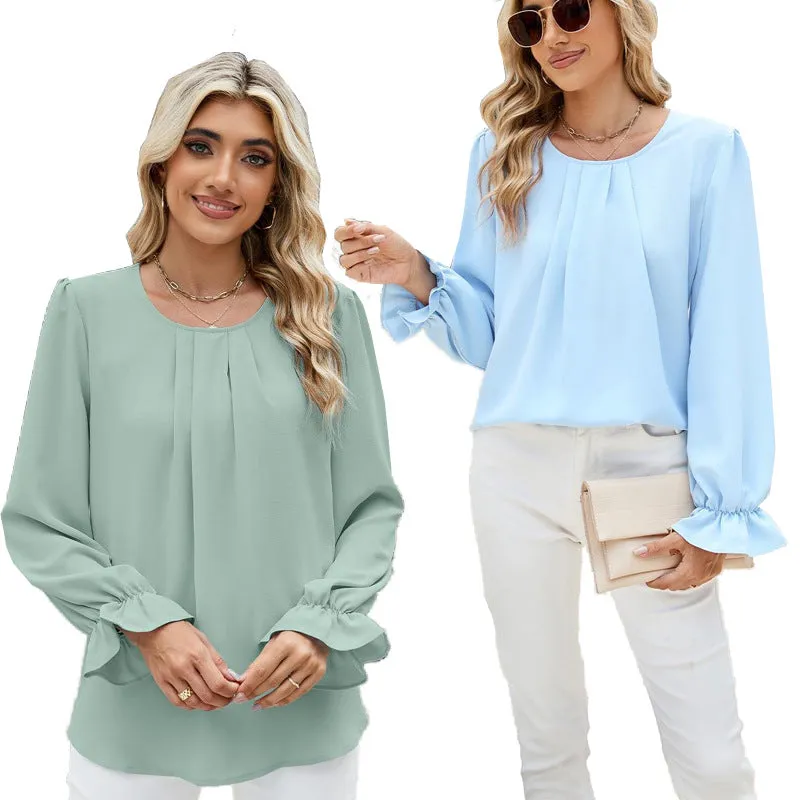 Solid Color Round Neck Tops Long Sleeve Loose Chiffon Shirts Wholesale Womens Clothing N3824070900031