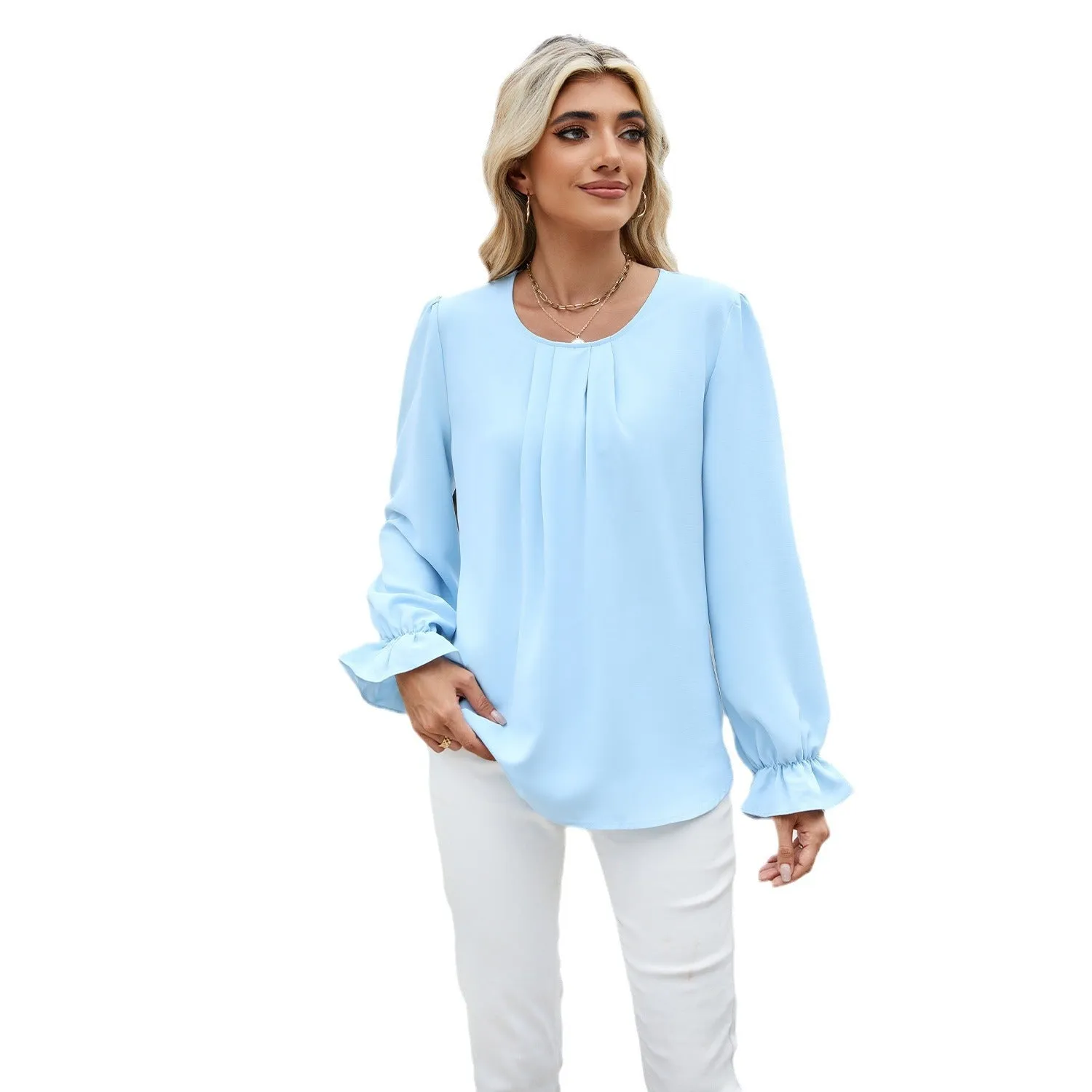 Solid Color Round Neck Tops Long Sleeve Loose Chiffon Shirts Wholesale Womens Clothing N3824070900031