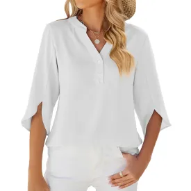 Solid Color V-Neck Mid-Sleeve Tops Women'S Chiffon Shirts Wholesale Womens Clothing N3824052000078