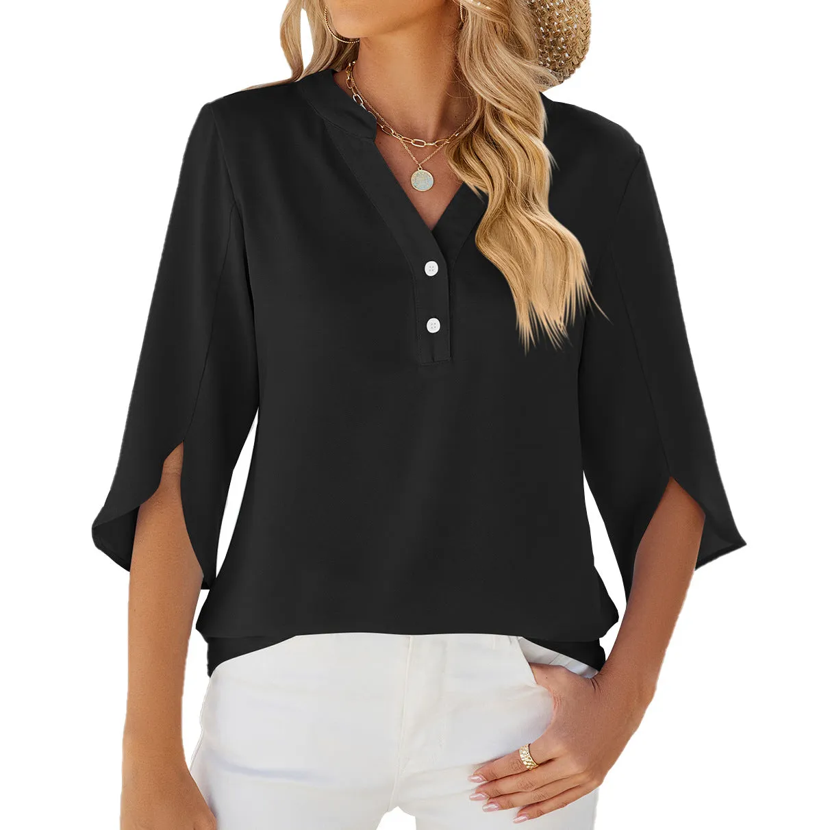 Solid Color V-Neck Mid-Sleeve Tops Women'S Chiffon Shirts Wholesale Womens Clothing N3824052000078