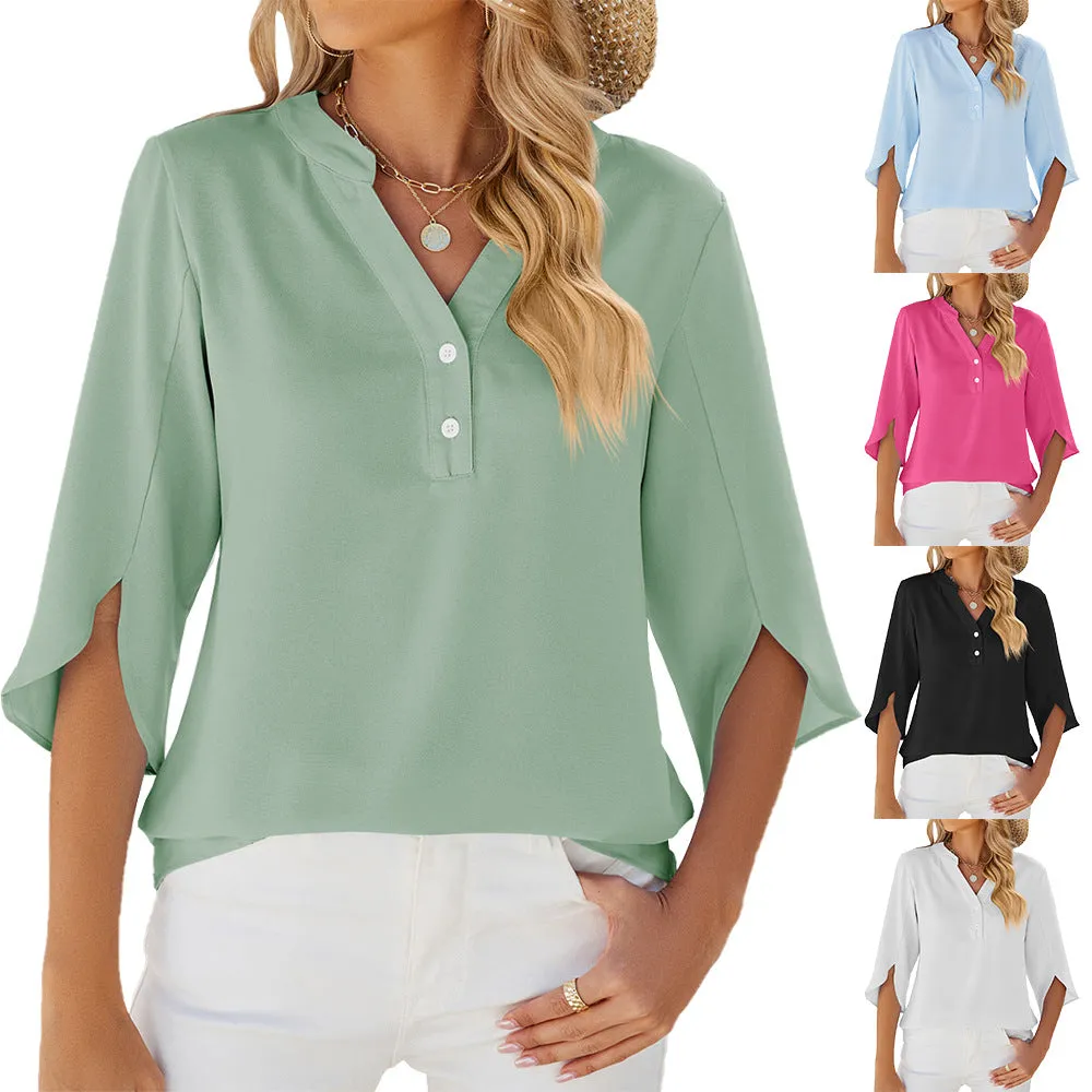 Solid Color V-Neck Mid-Sleeve Tops Women'S Chiffon Shirts Wholesale Womens Clothing N3824052000078