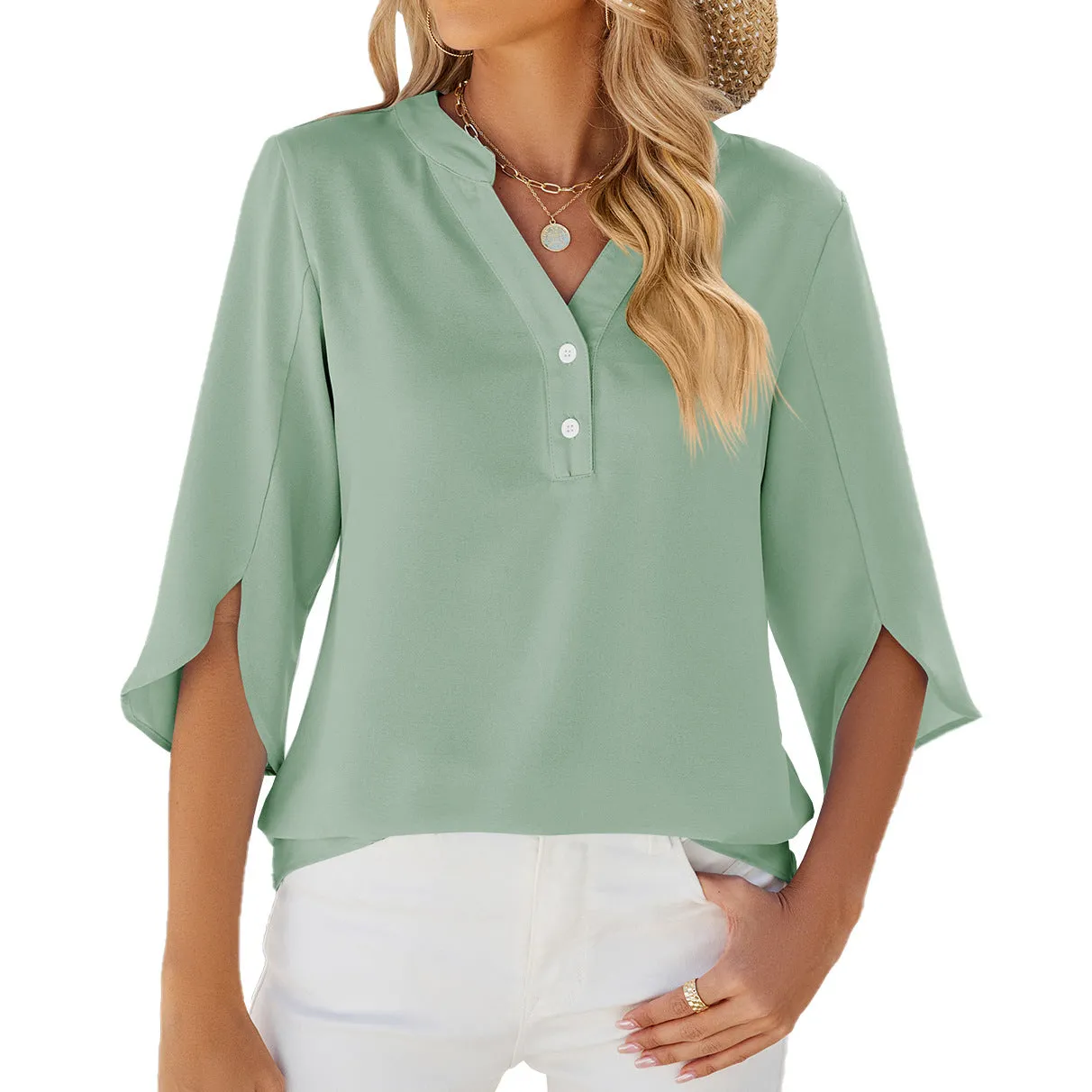 Solid Color V-Neck Mid-Sleeve Tops Women'S Chiffon Shirts Wholesale Womens Clothing N3824052000078