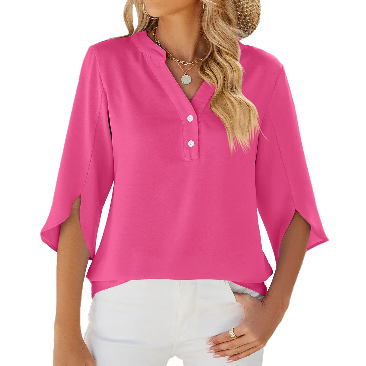 Solid Color V-Neck Mid-Sleeve Tops Women'S Chiffon Shirts Wholesale Womens Clothing N3824052000078
