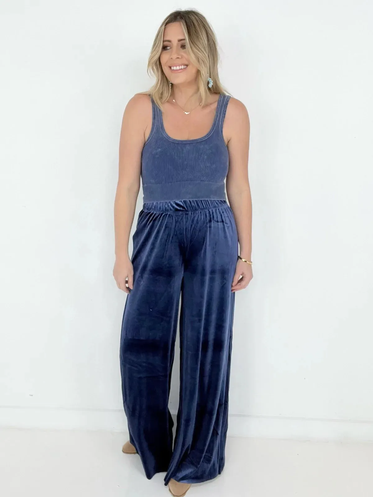 Solid Velvet Wide Leg Pants