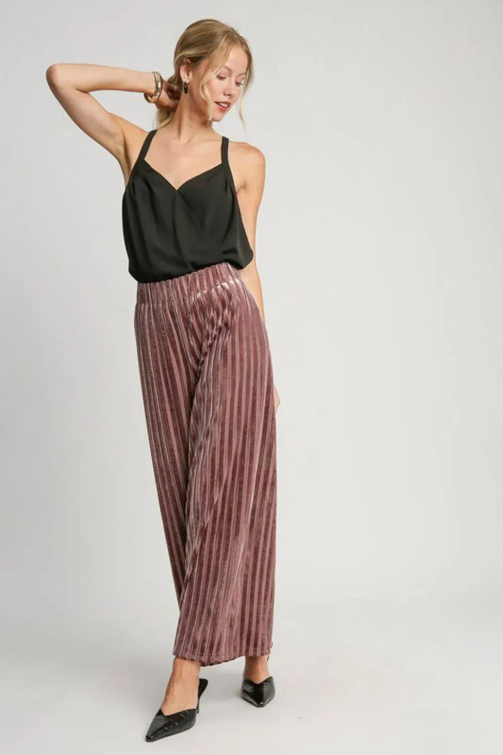 Umgee Wide Leg Striped Velvet Pants