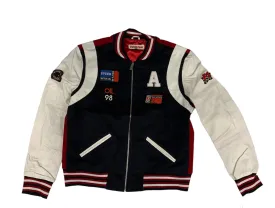 VARSITY JACKET WITH COLOR BLOCK AND LEATHER SLEEVES