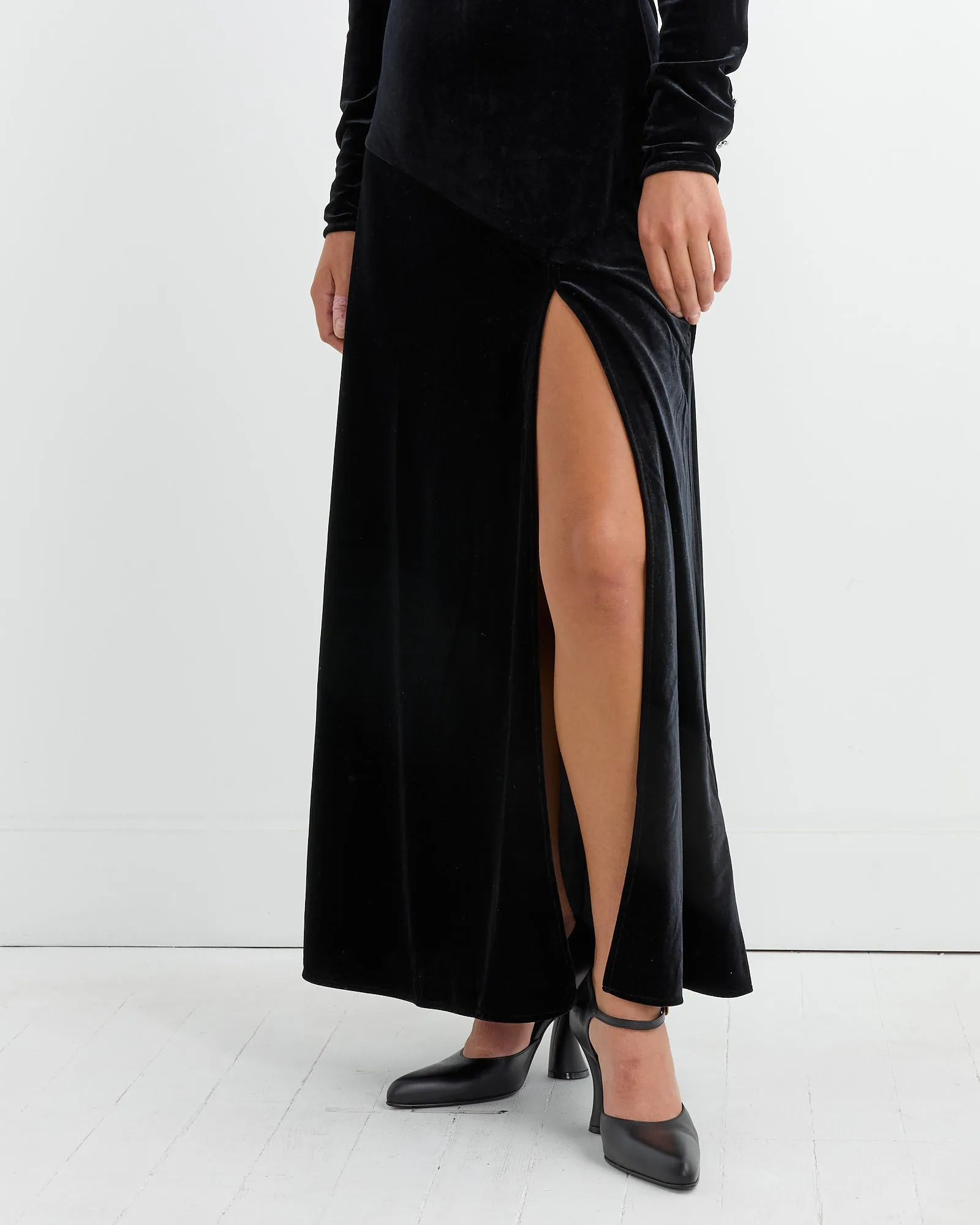 Velvet Gathered Long Dress in Black