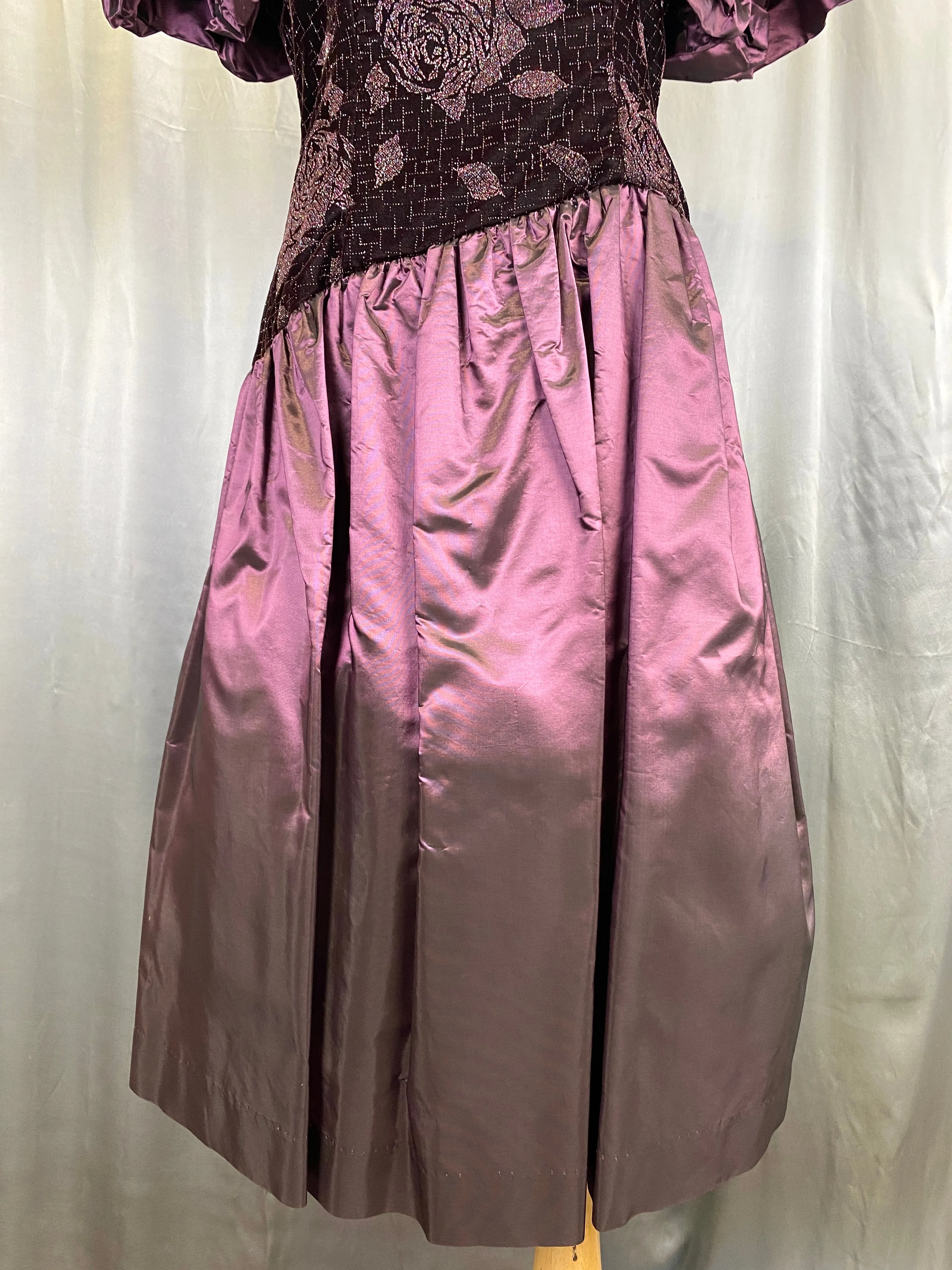 Vintage 1980s Purple Velvet & Taffeta Prom/ Party Dress, Floral Sparkle Bodice, Medium