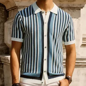 Wiaofellas  -  Summer Casual Slim Breathable Knit Ice Silk Shirts Men Vintage Striped Contrast Color Knitted Shirt For Mens Knitwear Cardigans