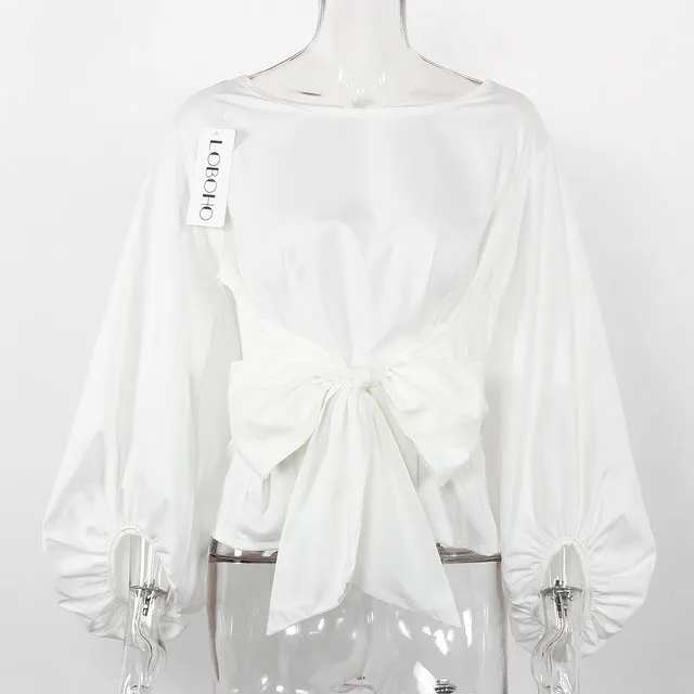 Women Lantern Sleeve Blouses With Bow Belt