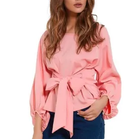 Women Lantern Sleeve Blouses With Bow Belt