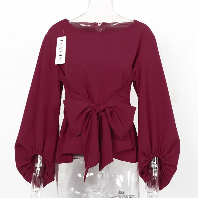 Women Lantern Sleeve Blouses With Bow Belt
