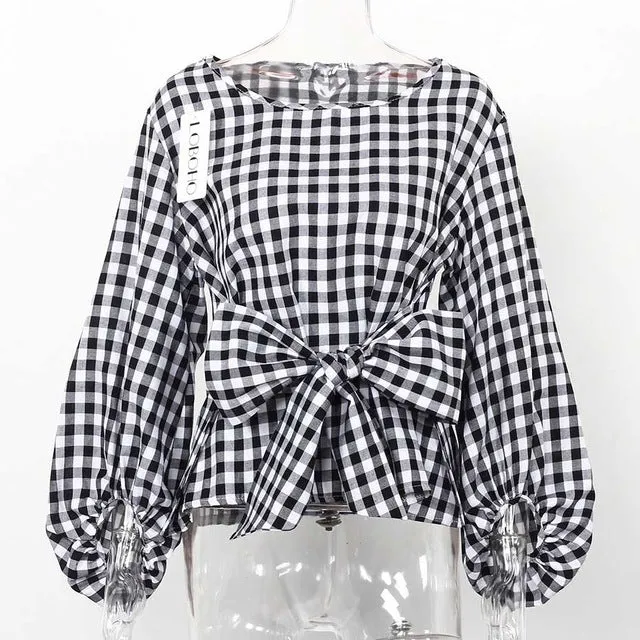 Women Lantern Sleeve Blouses With Bow Belt