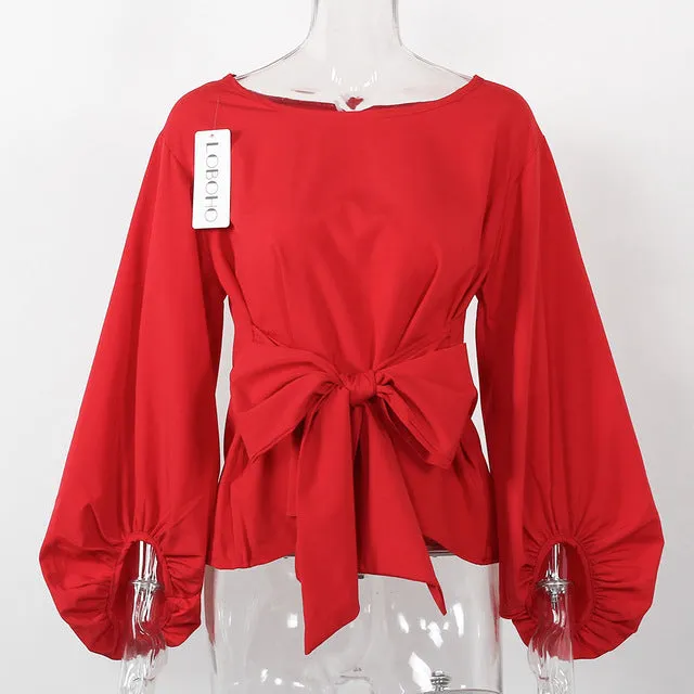 Women Lantern Sleeve Blouses With Bow Belt