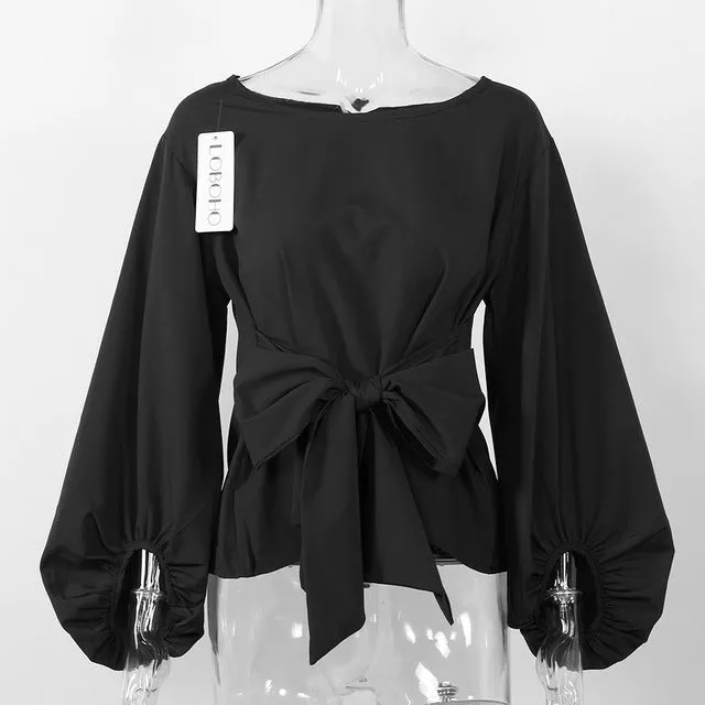 Women Lantern Sleeve Blouses With Bow Belt