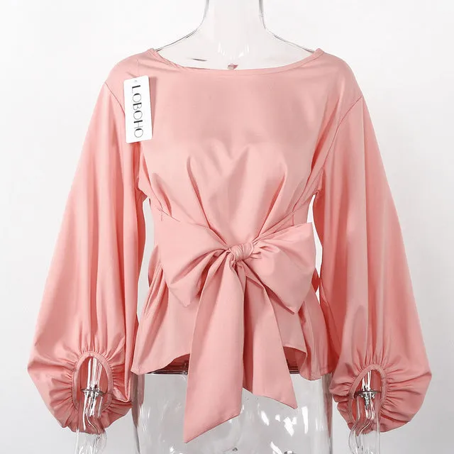 Women Lantern Sleeve Blouses With Bow Belt